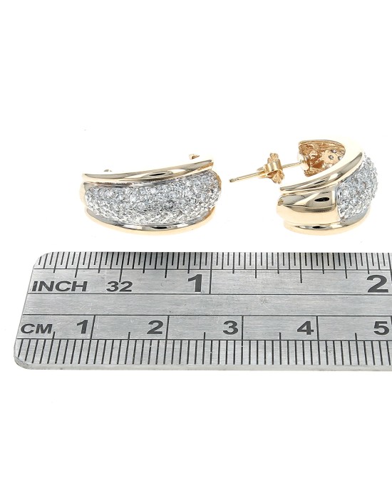 Pave Diamond J Curve Earrings in White and Yellow Gold